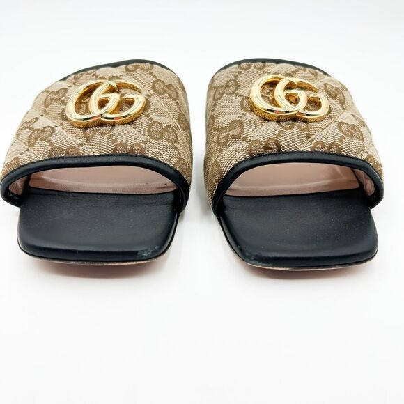 Gucci GG Quilted Monogram Sandals Slides Mules EU 38 US 8 Brown Gold - Picture 2 of 11